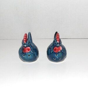 Vintage Japan Ceramic Blue Rooster Salt & Pepper Shakers w/Stoppers